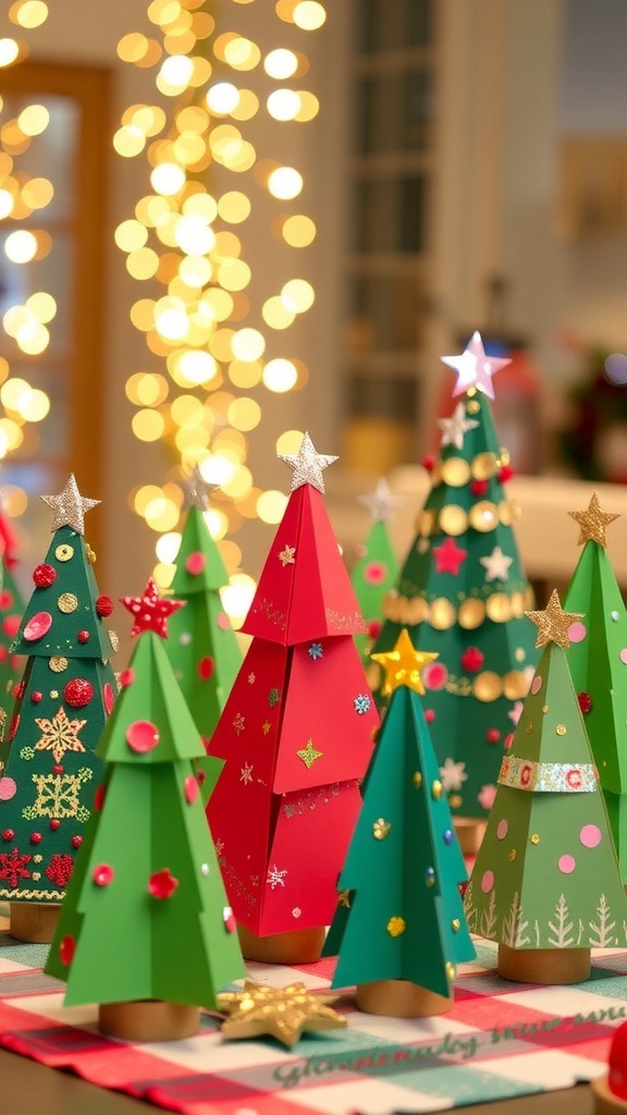 Colorful paper Christmas trees in different sizes decorated with glitter and stickers on a festive table.